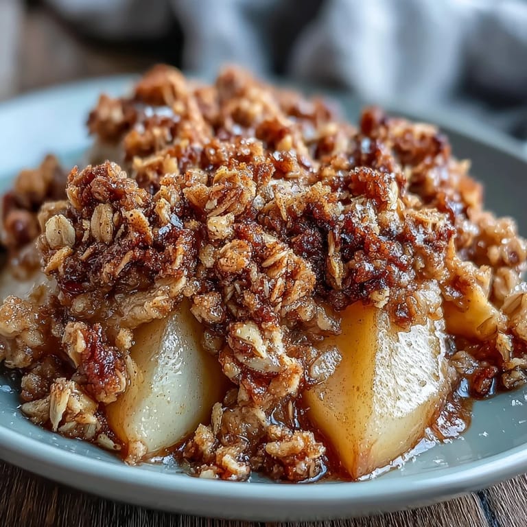 Pear Crumble served warm from the oven with a melting scoop of vanilla ice cream on top.