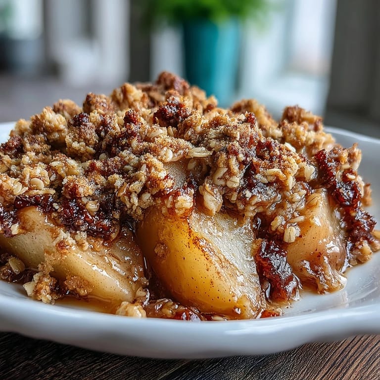 A rustic Pear Crumble with a thick, crunchy oat topping revealing tender, syrupy pears beneath in a baking dish.