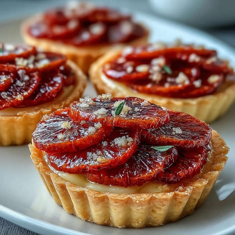 A slice of Blood Orange Tart reveals flaky crust, creamy vanilla filling, and vibrant tangy citrus slices, ready to serve on a plate.