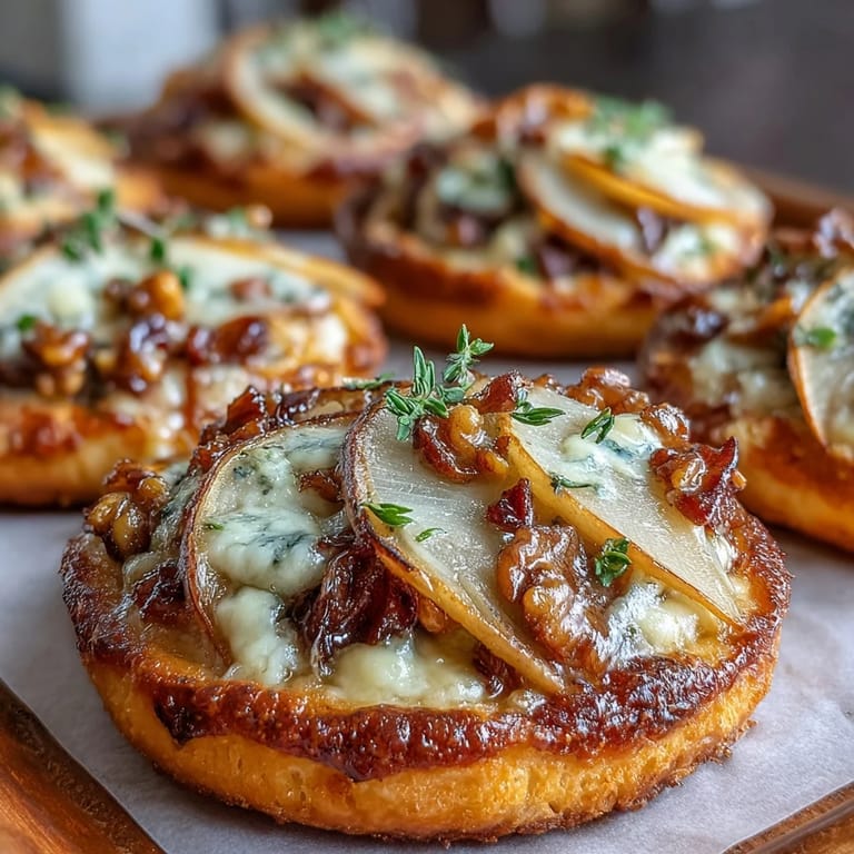 Drizzled with optional honey and arugula, these bite-sized pear and Gorgonzola pizzettes offer a balanced sweet and savory flavor.