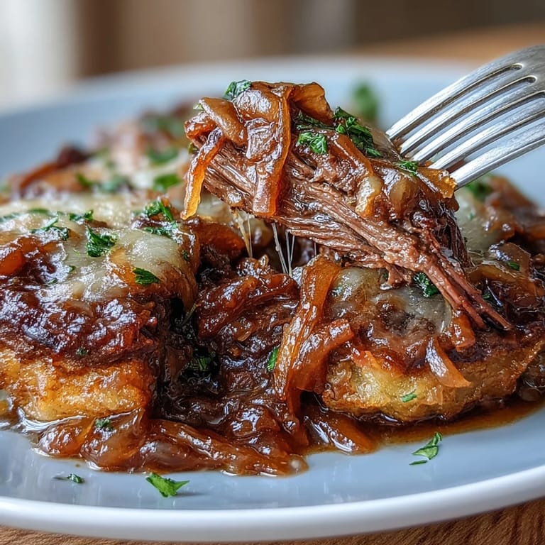 Slow-cooked Savory Crock Pot French Onion Pot Roast with caramelized onions and fresh parsley garnish.