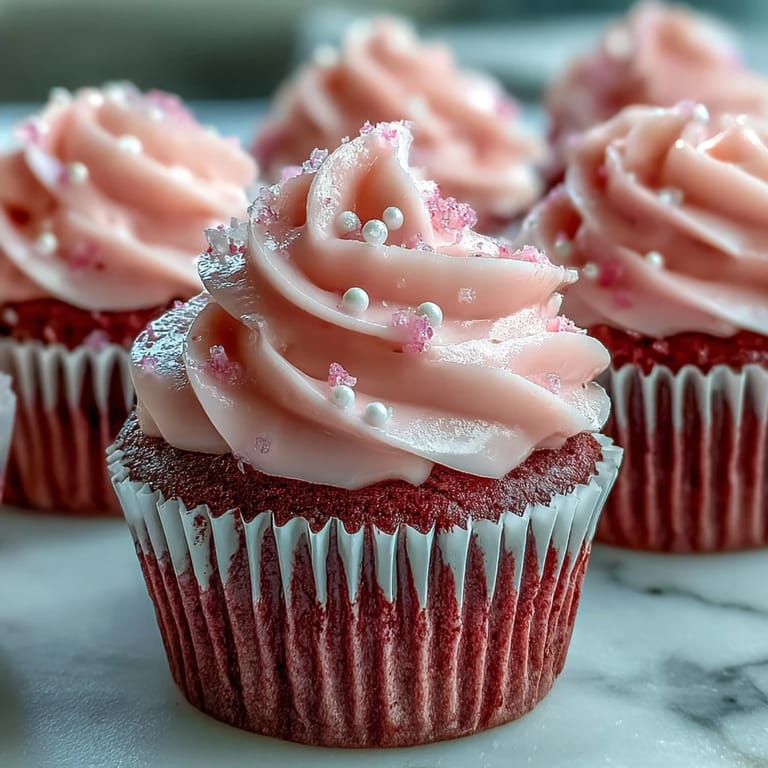 Plate of fluffy Pink Velvet Cupcakes with Vanilla Buttercream Frosting, ready to serve with a glass of milk.
