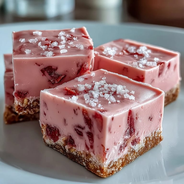 Chilled No-Bake Strawberry Fudge Squares topped with fresh strawberry slices, served on a rustic wooden board.