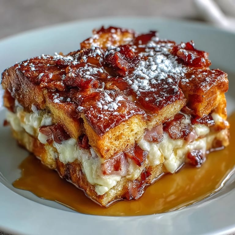 A hearty Monte Cristo Breakfast Casserole with melty Swiss cheese, ham, and turkey layers for a savory brunch.