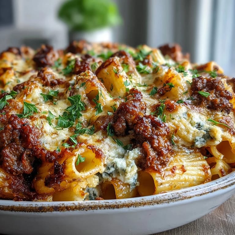 Golden Cottage Cheese Protein Pasta Bake with ground beef, creamy cottage cheese, and marinara sauce, topped with fresh herbs and Parmesan.