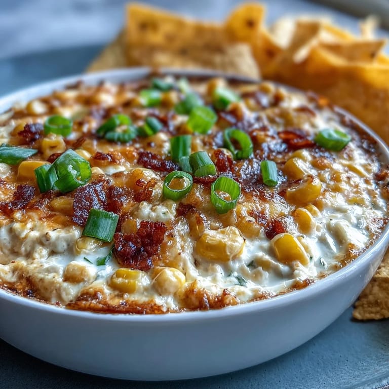 Golden baked crack corn dip bubbling from the oven, served warm with crunchy tortilla chips for dipping.