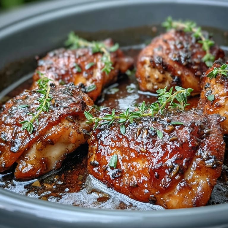 A fork lifts a juicy piece of slow cooker honey mustard chicken from the savory sauce.