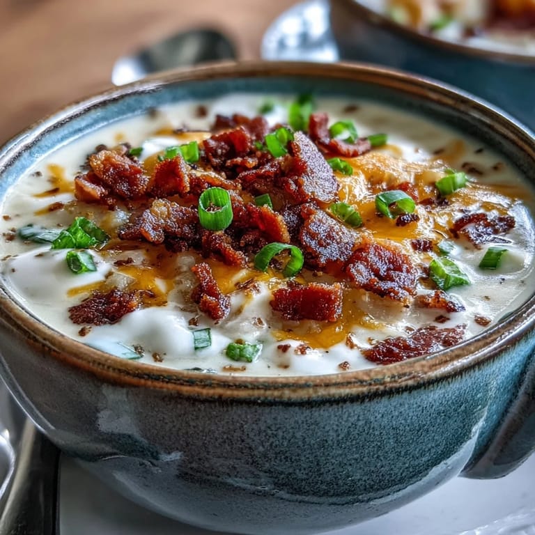 Steaming bowl of Loaded Potato Soup with velvety texture, cheddar cheese, and bacon crumbles, perfect for a cozy lunch.