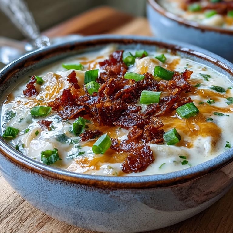 Hearty Loaded Potato Soup with tender potatoes, sour cream swirl, and toppings, served in a warm, inviting ceramic soup bowl.
