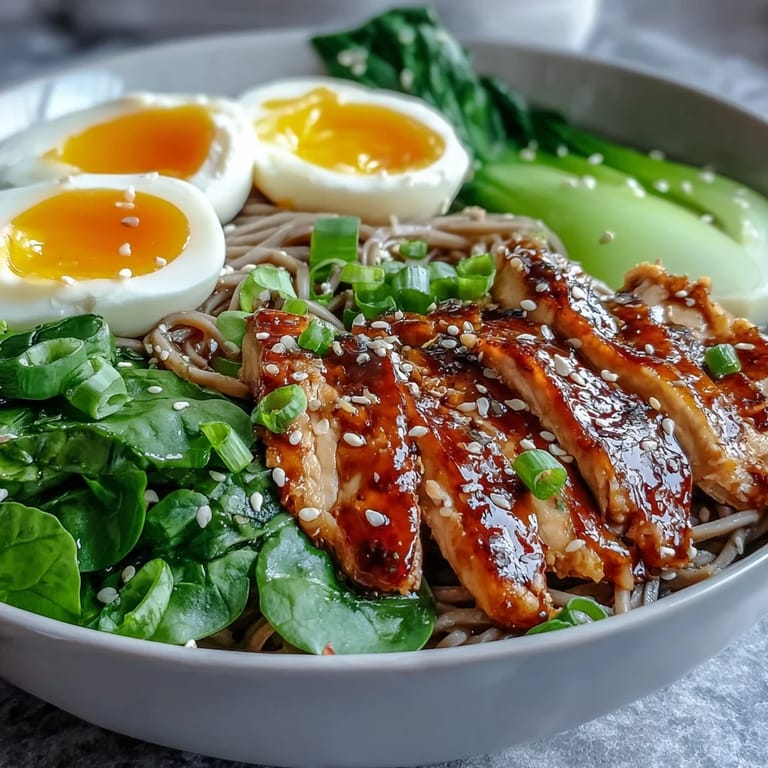 Vibrant Healthy Miso Chicken Noodle Bowls with soba noodles, shiitake mushrooms, and a drizzle of spicy chili oil.