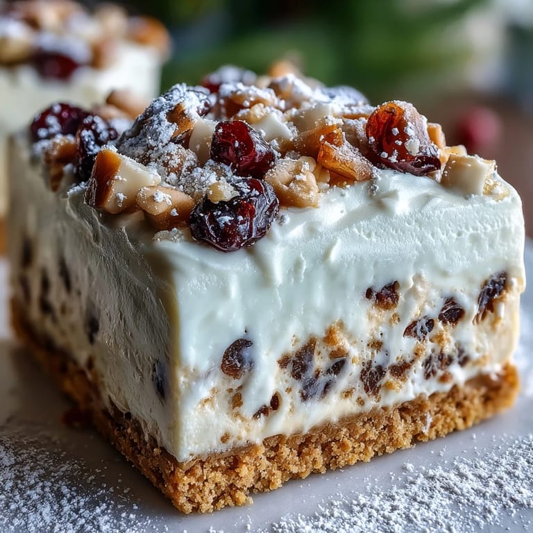 A creamy slice of Christmas Cheesecake Slab topped with whipped cream and powdered sugar, resting on a rustic wooden board.