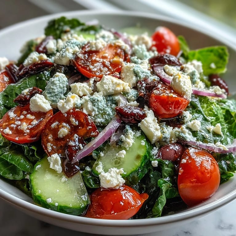 Bright Mediterranean flavors pop in this Greek Salad Bowl, with glistening olive oil dressing and crunchy vegetables ideal for summer picnics or barbecues.