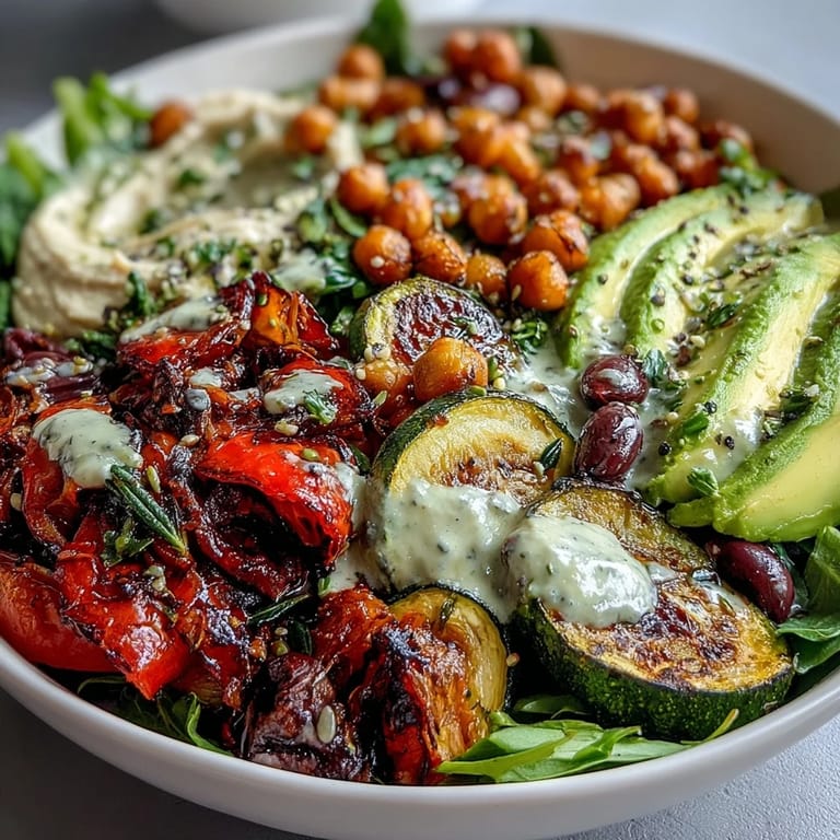 This nourishing Vegan Mediterranean Buddha Bowl features tangy Kalamata olives, sliced avocado, and a zesty tahini drizzle, perfect for a light lunch.