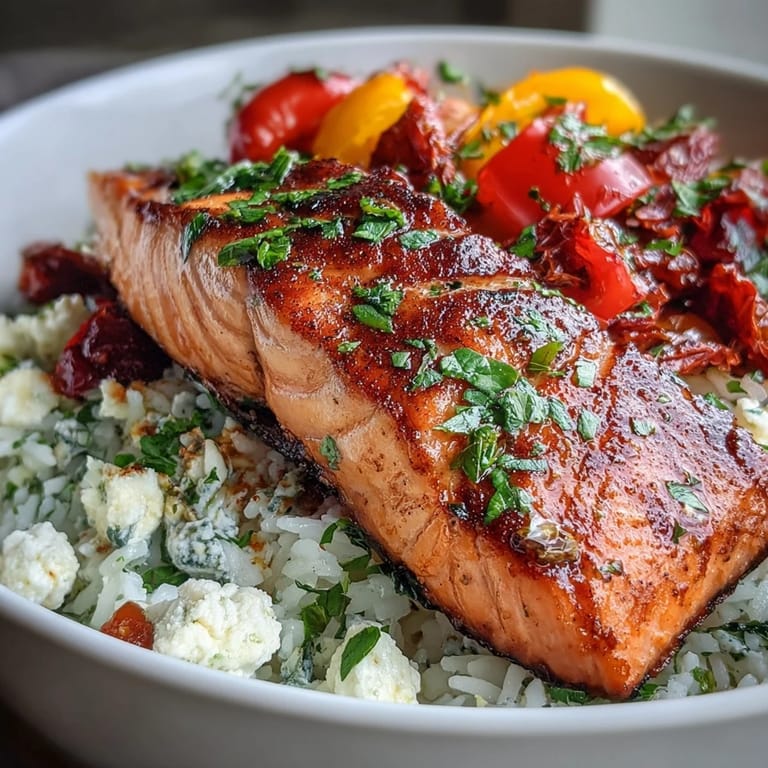 A close-up of a Mediterranean Salmon Bowl highlights flaky fish, sun-dried tomatoes, and fresh cilantro, perfect for a quick, wholesome dinner.  