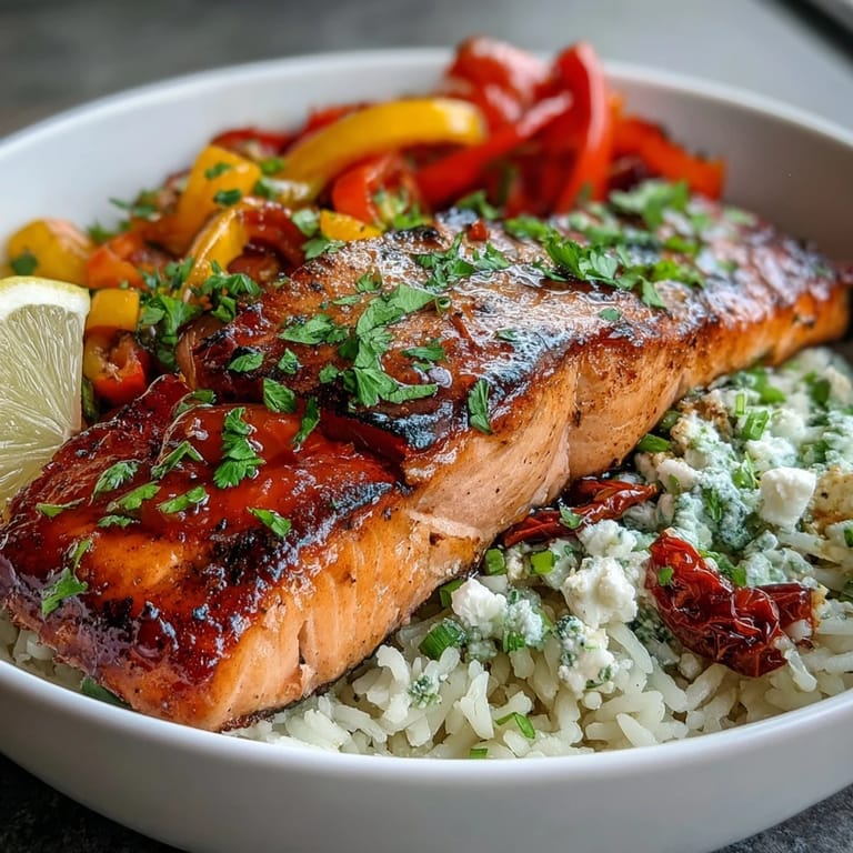 Serving suggestion for a Mediterranean Salmon Bowl with zesty lemon wedges, offering a fresh, pescatarian-friendly meal packed with bold flavors.