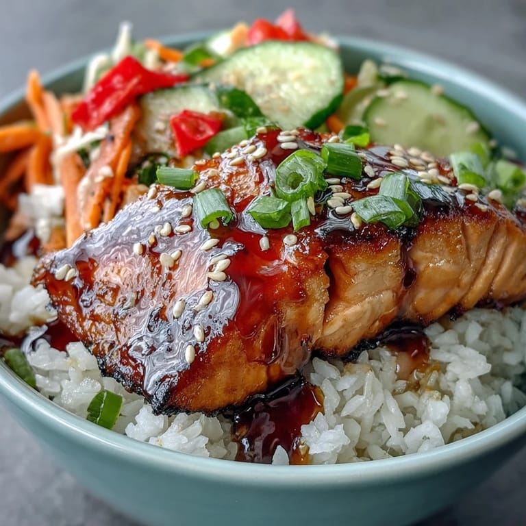 Golden-baked salmon sits atop a bed of jasmine rice, surrounded by crisp colorful vegetables in this Asian-inspired bowl.
