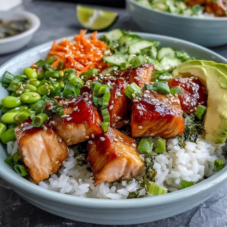 Vibrant fusion Baked Salmon Rice Bowl featuring broiled salmon, steamed rice, and crunchy vegetables served with pickled ginger and savory soy drizzle.