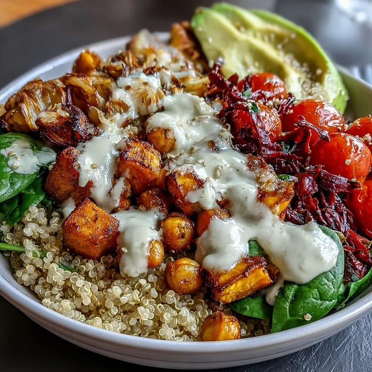 Healthy Buddha Bowl with quinoa, roasted sweet potatoes, crispy chickpeas, fresh vegetables, and rich garlic tahini dressing, perfect for a nourishing meal.