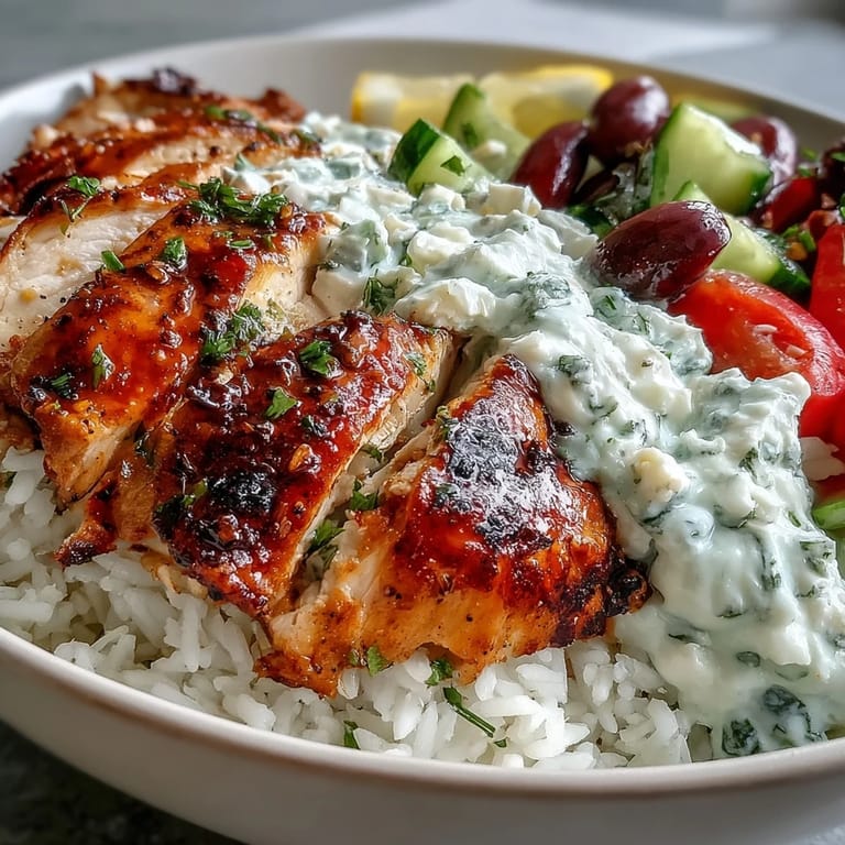 Deconstructed Greek Chicken Bowl showing flaky herbed rice, sliced chicken, olives, and fresh Mediterranean vegetables.