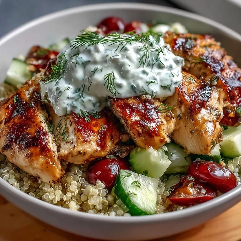 Hearty and healthy Greek Chicken Power Bowl ready to serve, with juicy chicken, fluffy quinoa, and fresh vegetable toppings glistening with olive oil.
