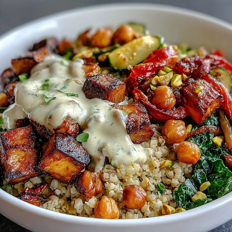 Stuffed with bulgur pilaf, pistachios, and tender zucchini, this colorful vegan bowl is perfect for nutritious weekly meal prepping.