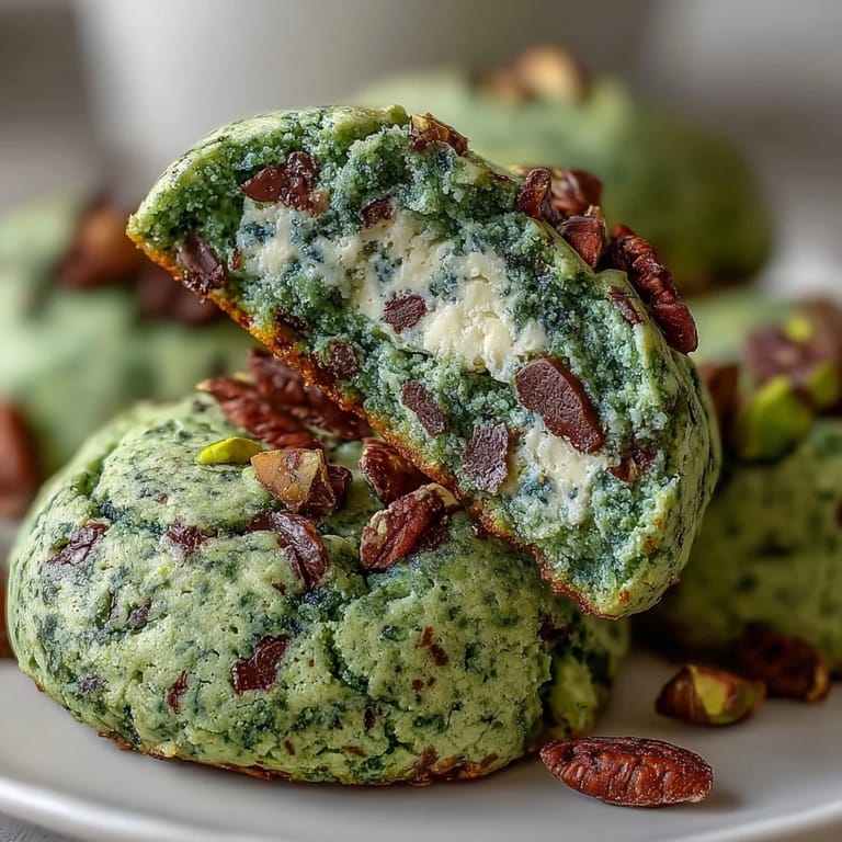 Festive green pistachio cookies, naturally colored with spinach and topped with white chocolate chips for a sweet St. Patrick's Day treat.