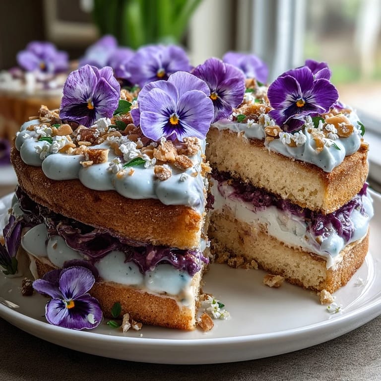 Spring Cake with Pressed Edible Flowers: A beautifully decorated vanilla cake featuring pressed edible flowers and creamy frosting, perfect for celebrating the season.