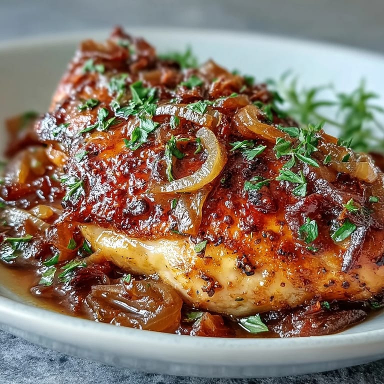 Close-up of Southern-style smothered chicken, crispy skin peeking through thick, caramelized onion gravy, steam rising from the skillet.