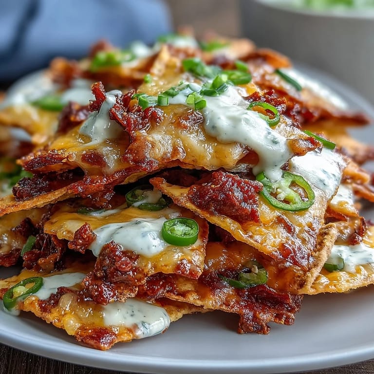 Hearty Loaded Baseball Nachos with beef, melted cheese sauce, tangy jalapeños, and fresh toppings for a crowd-pleasing appetizer.