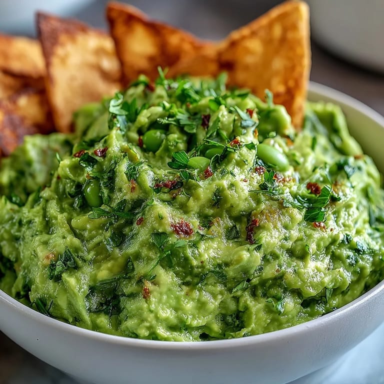 Protein-packed edamame guacamole blended with lime and spices, paired with golden whole wheat pita chips.  