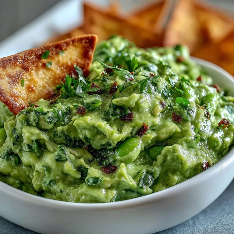 Vibrant edamame guacamole topped with red onion and jalapeño, served alongside crunchy, paprika-spiced pita chips.