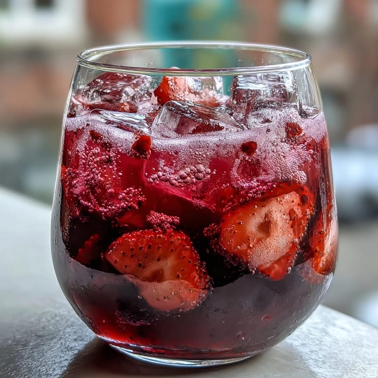 A creamy coconut milk beverage infused with sweet strawberries and tangy açaí, topped with fresh fruit slices and perfect for hot afternoons.