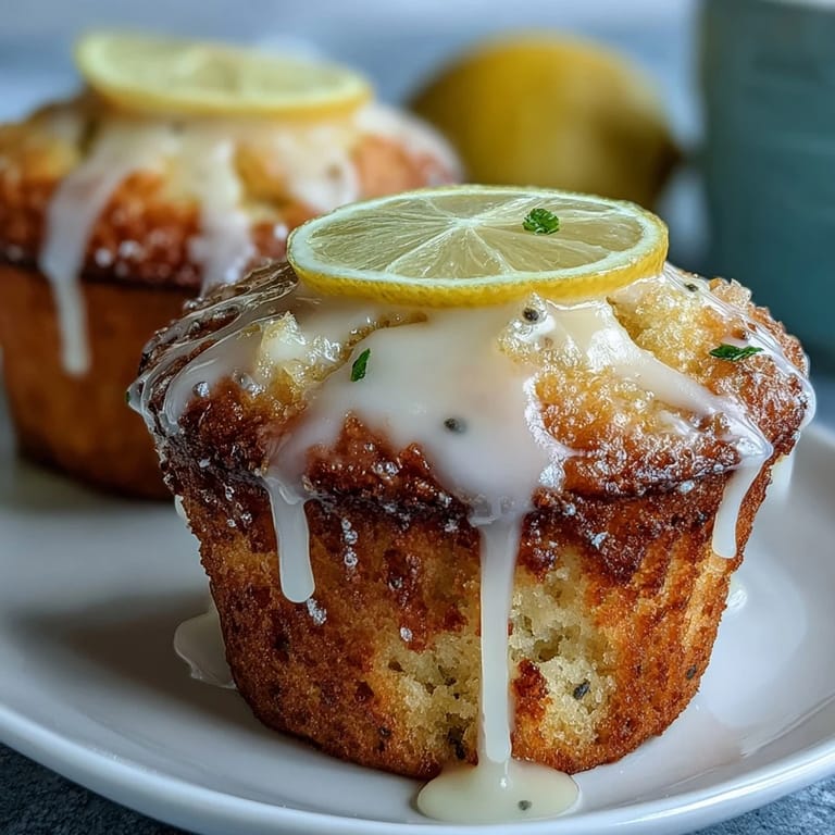 Golden muffins bursting with lemon zest and poppy seeds, drizzled with tangy citrus glaze for a delightful treat.