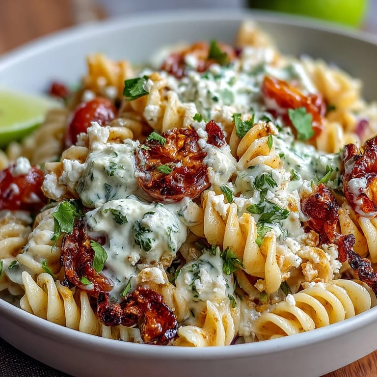 Elote Pasta Salad with Cotija, Chili and Lime: Colorful pasta salad tossed with smoky chili-lime dressing, sweet corn, and fresh cilantro. Bright, bold flavors in every bite.
