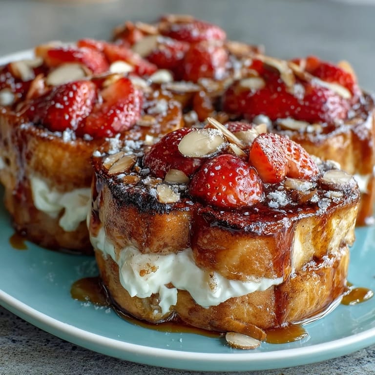 Fluffy brioche French toast casserole baked with sweet strawberries, cinnamon custard, and crunchy almond topping—ideal for family breakfasts.