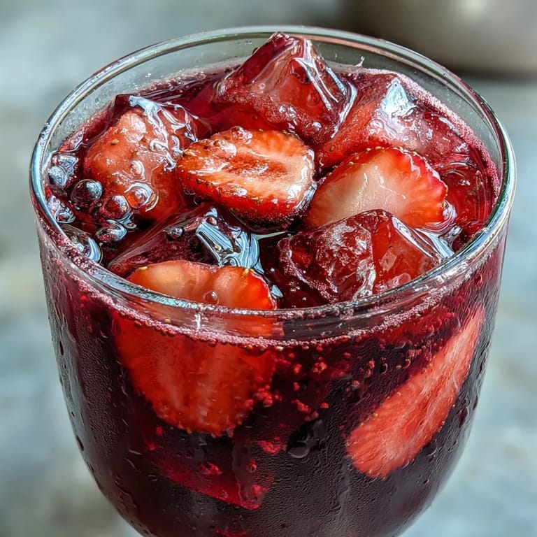 Refreshing strawberry açaí drink with ice cubes, green coffee extract, and a splash of lemon juice.