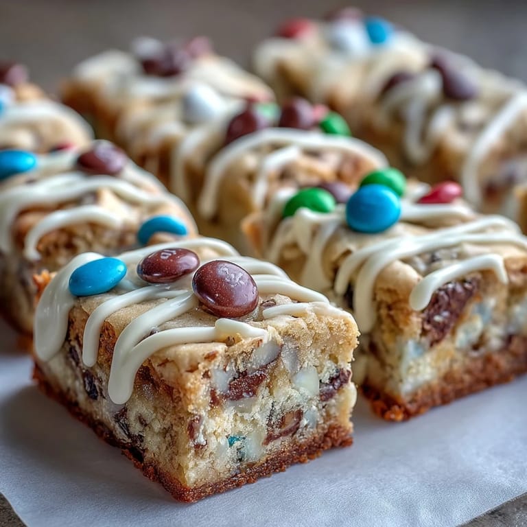 Close-up of a festive graduation cookie bar with white chocolate drizzle and colorful candy toppings.