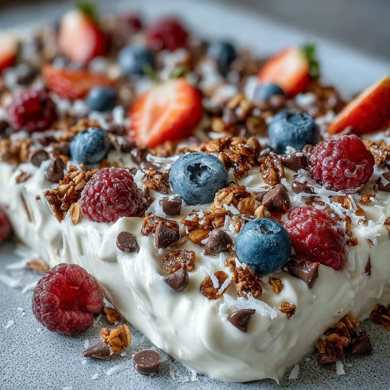 Sweet and tangy frozen yogurt bark studded with fresh berries and granola, offering a cool, satisfying crunch in every bite.