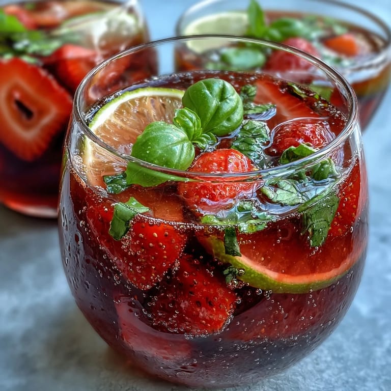 A vibrant pitcher of Strawberry Basil Sangria Mocktail, bursting with juicy strawberries, citrus slices, and aromatic basil leaves.