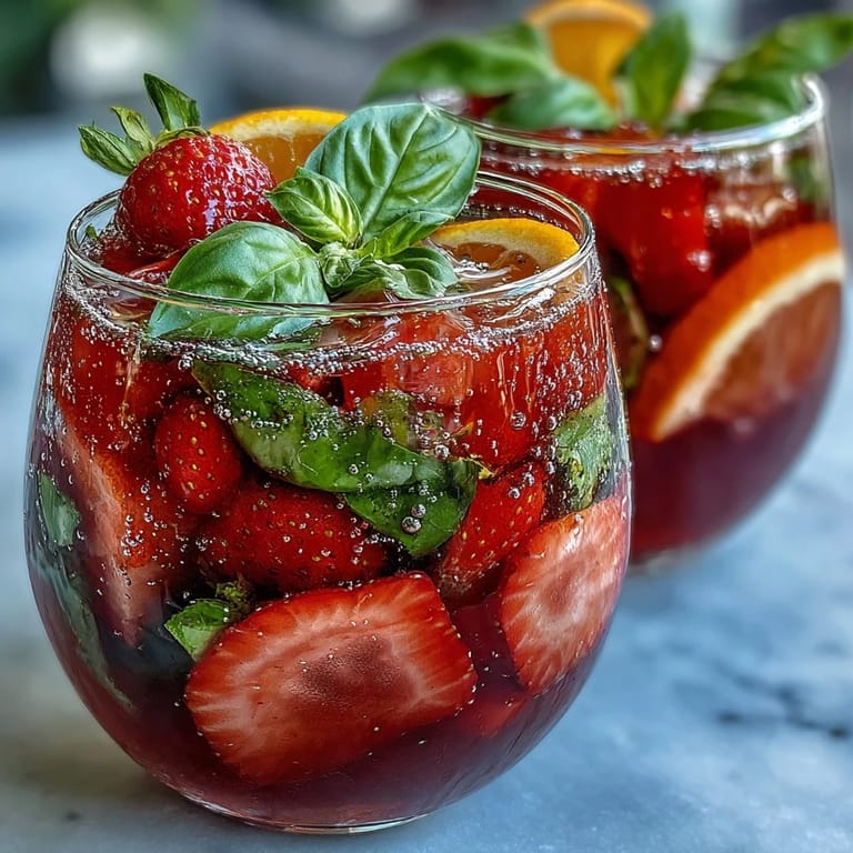 Refreshing Strawberry Basil Sangria Mocktail served over ice with sliced strawberries and basil garnish, ideal for warm-weather entertaining.