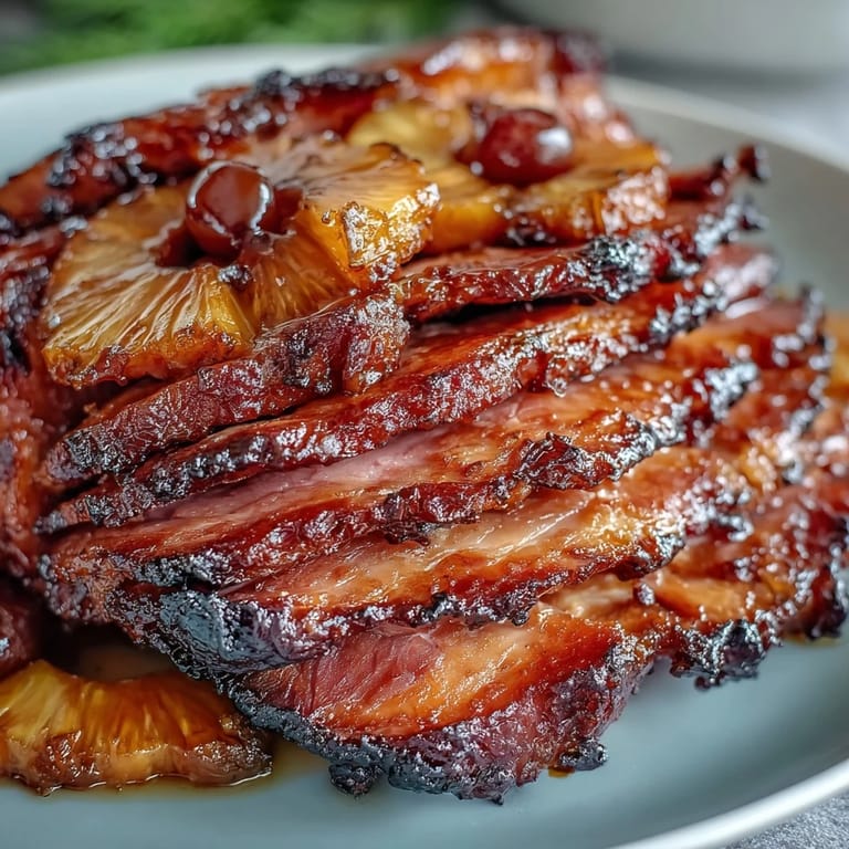 Oven-roasted ham with pineapple and honey glaze, creating a caramelized, succulent holiday centerpiece for family gatherings.