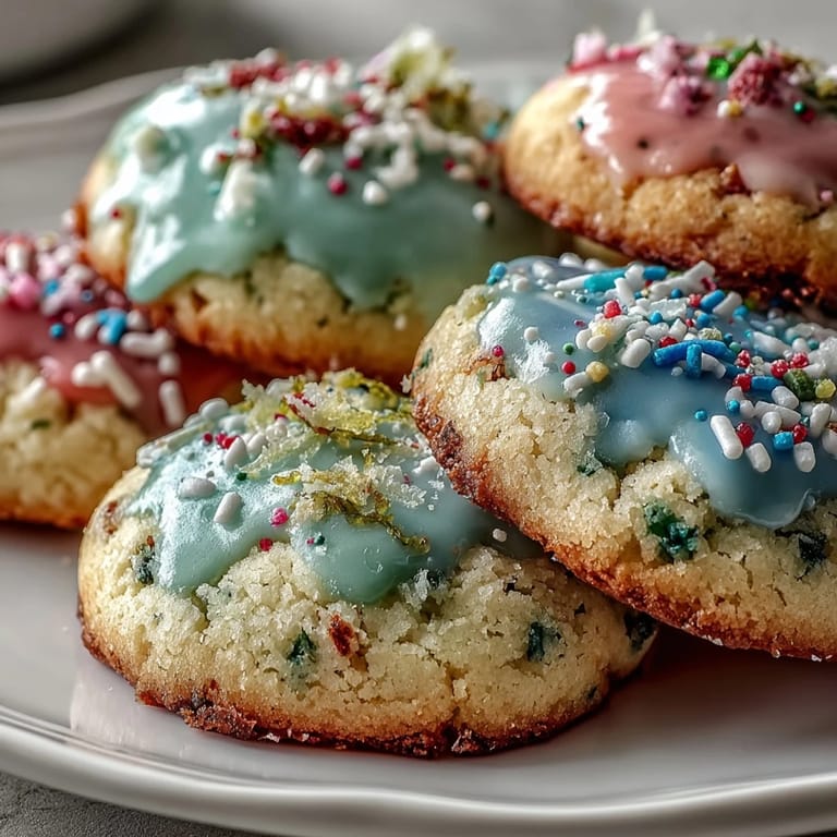 Delicate lemon sugar cookies topped with swirled pastel glaze, adding a bright and cheerful dessert to any table.  