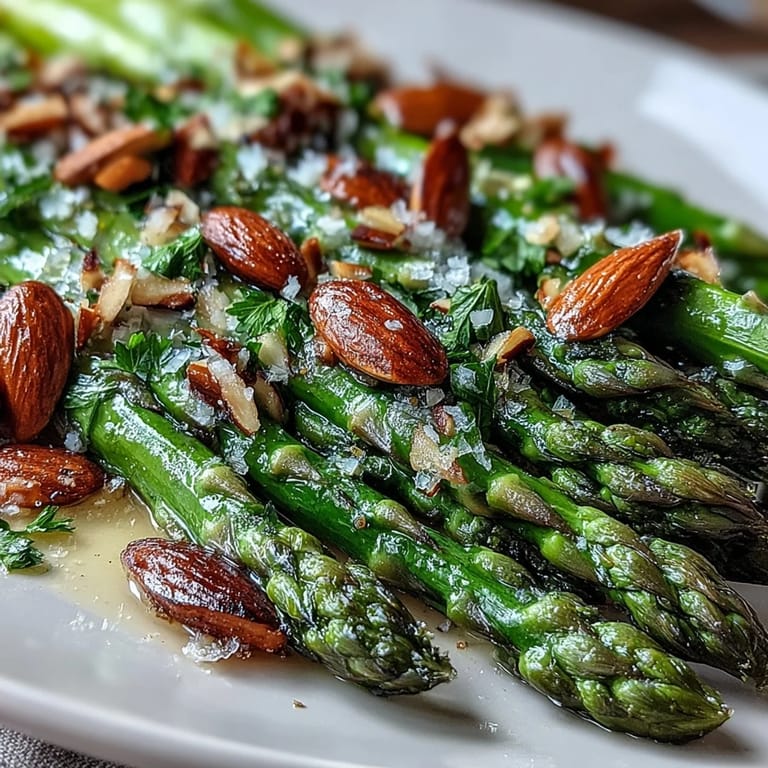 Bright green asparagus sautéed in citrus butter, garnished with toasted almonds and fresh parsley for a vibrant spring side.