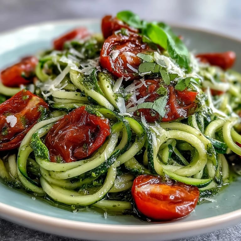 Spiralized zucchini in fragrant basil pesto, paired with sweet cherry tomatoes for a colorful, low-carb Mediterranean-inspired dinner.