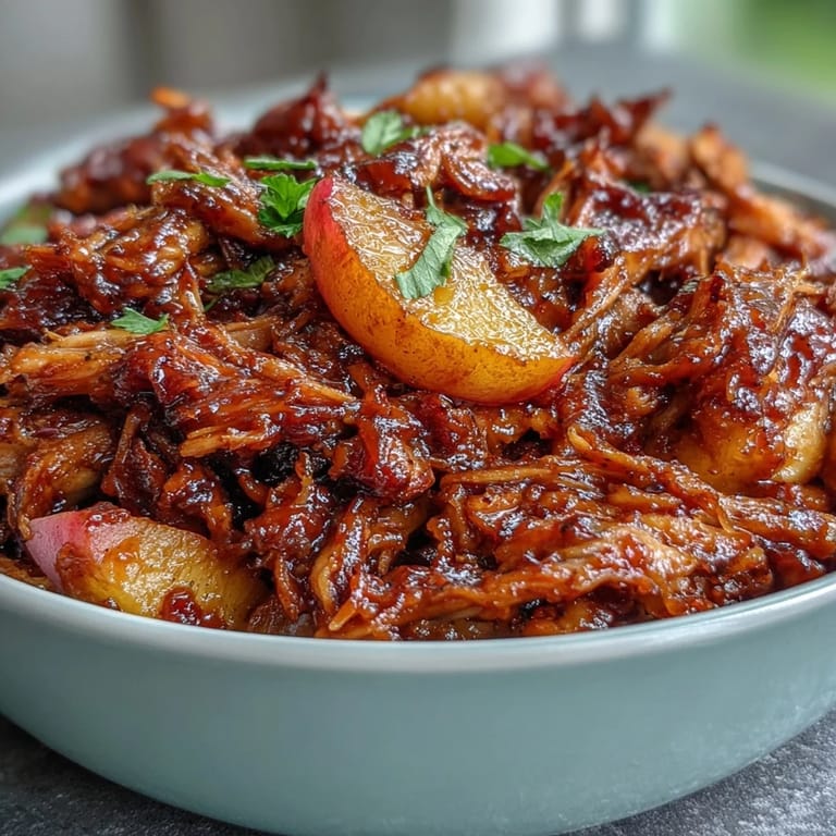Tender pulled pork slow-cooked with ripe peaches, honey, and smoky BBQ sauce for a flavorful summer meal.