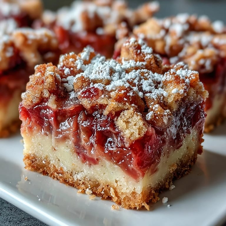 Rich and creamy rhubarb custard filling nestled on a golden shortbread base, topped with a dusting of powdered sugar.