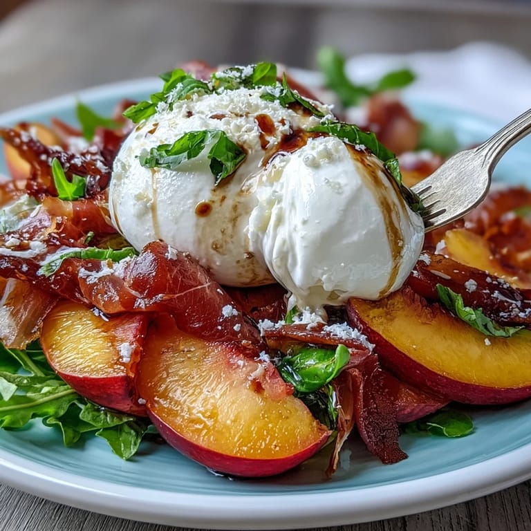 Vibrant summer salad with ripe peach slices, torn burrata, and prosciutto, finished with olive oil and balsamic.  