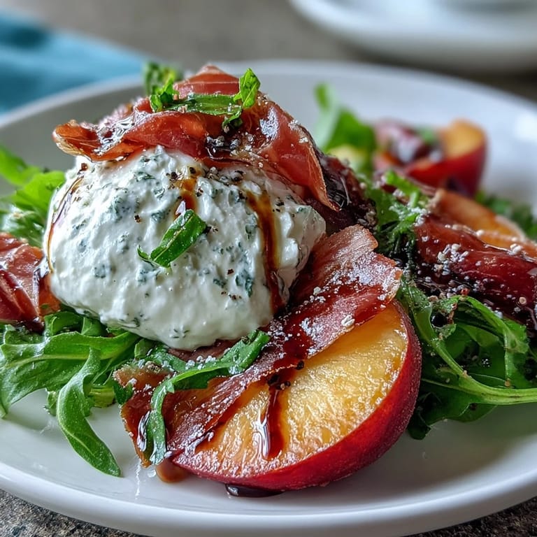 Fresh burrata and juicy peaches paired with prosciutto over mixed greens, topped with tangy balsamic glaze.