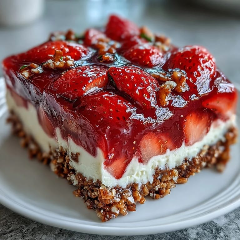 Layered strawberry pretzel dessert featuring bright red berries, fluffy cream cheese filling, and golden pretzel base, perfect for summer potlucks.