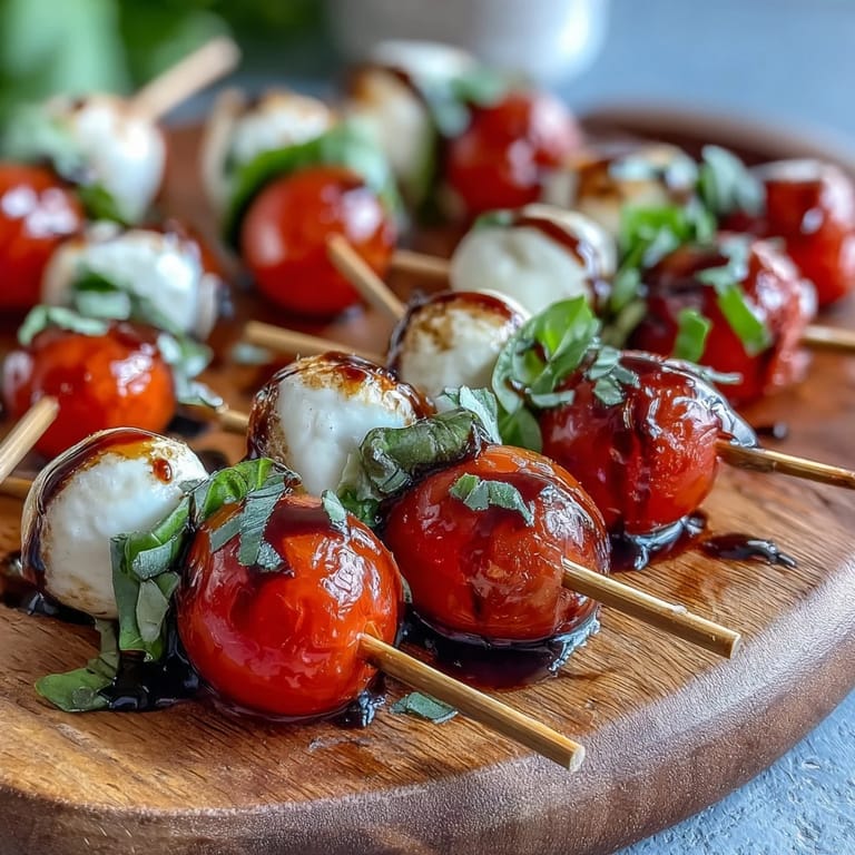 Italian-inspired mini Caprese salad skewers with balsamic perfection for your party.